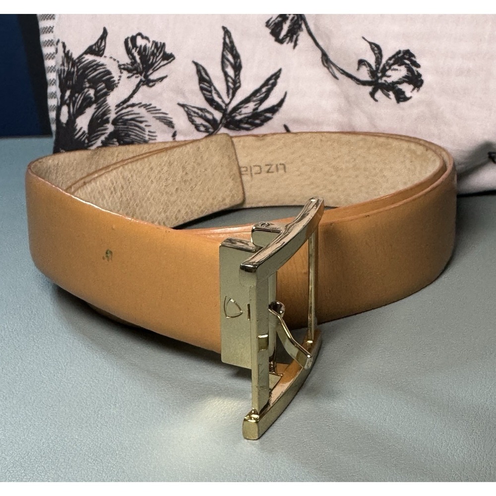 Liz Claiborne Tan Leather Belt Single Prong Gold Buckle Adjustable Large